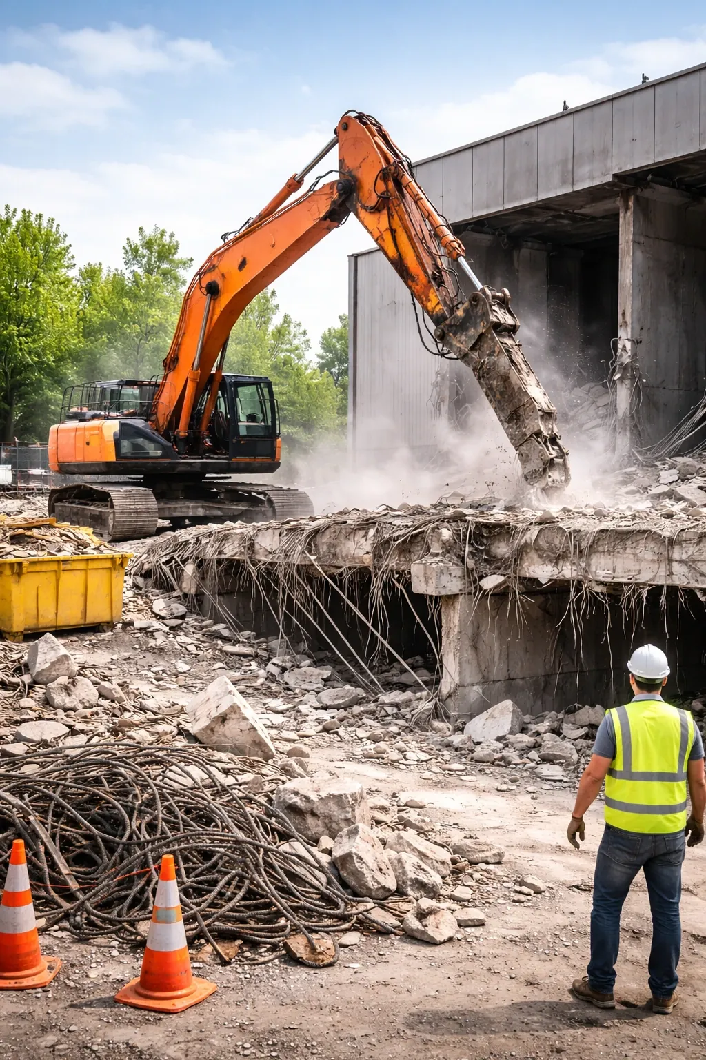 Excavadora con martillo hidráulico rompiendo una losa de hormigón