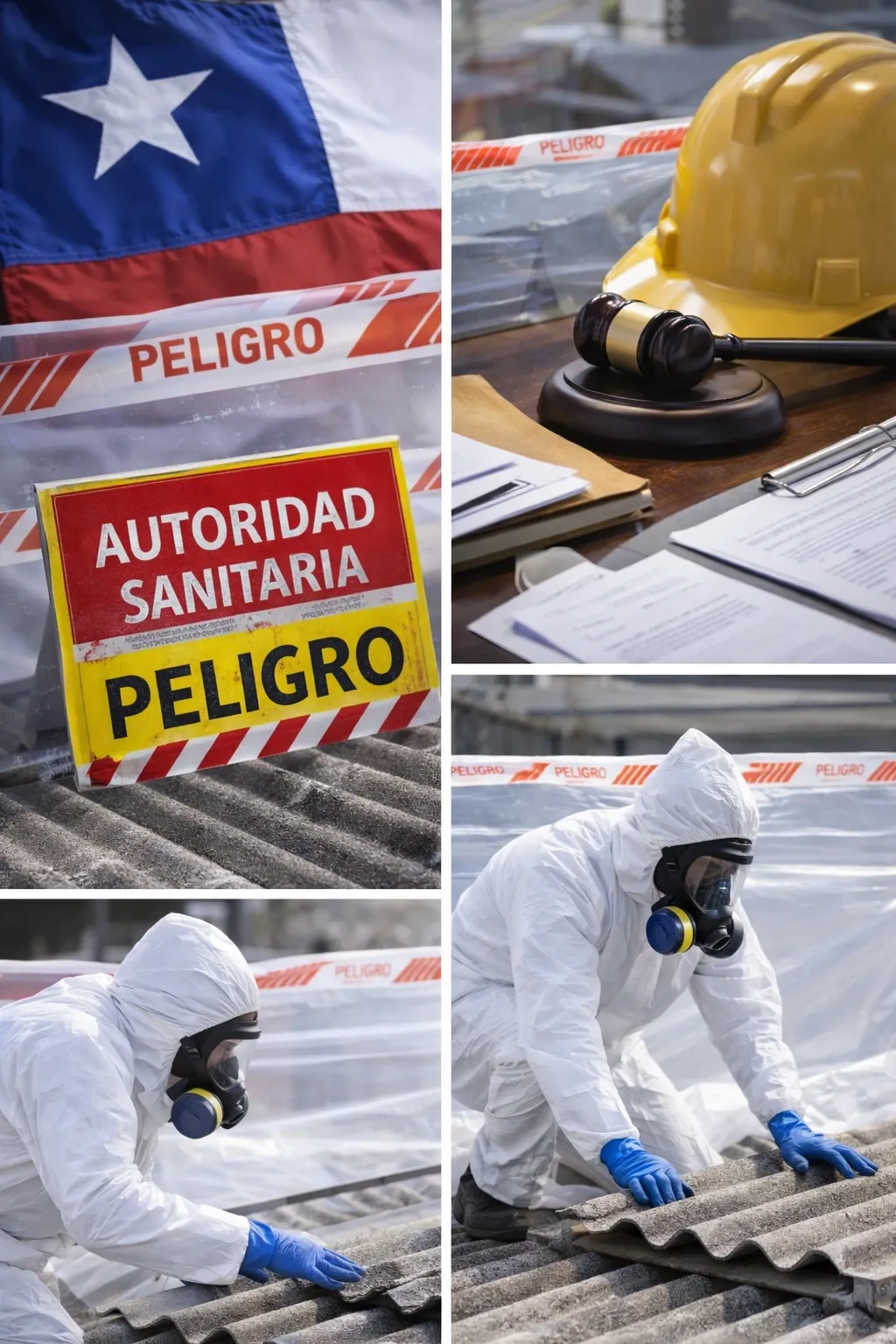 Señalización de autoridad sanitaria, documentación y faena en cubierta con asbesto