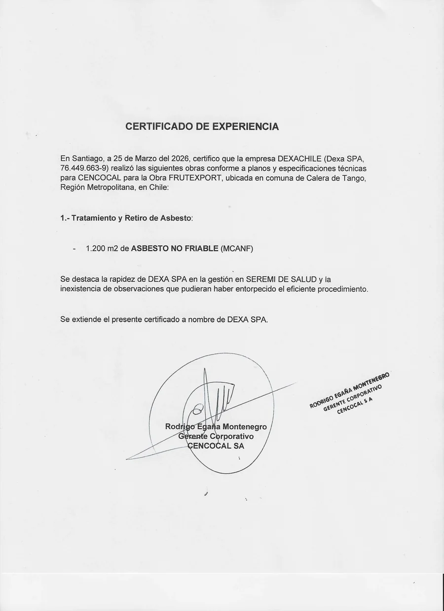 Certificado de experiencia de Cencocal · Frutexport