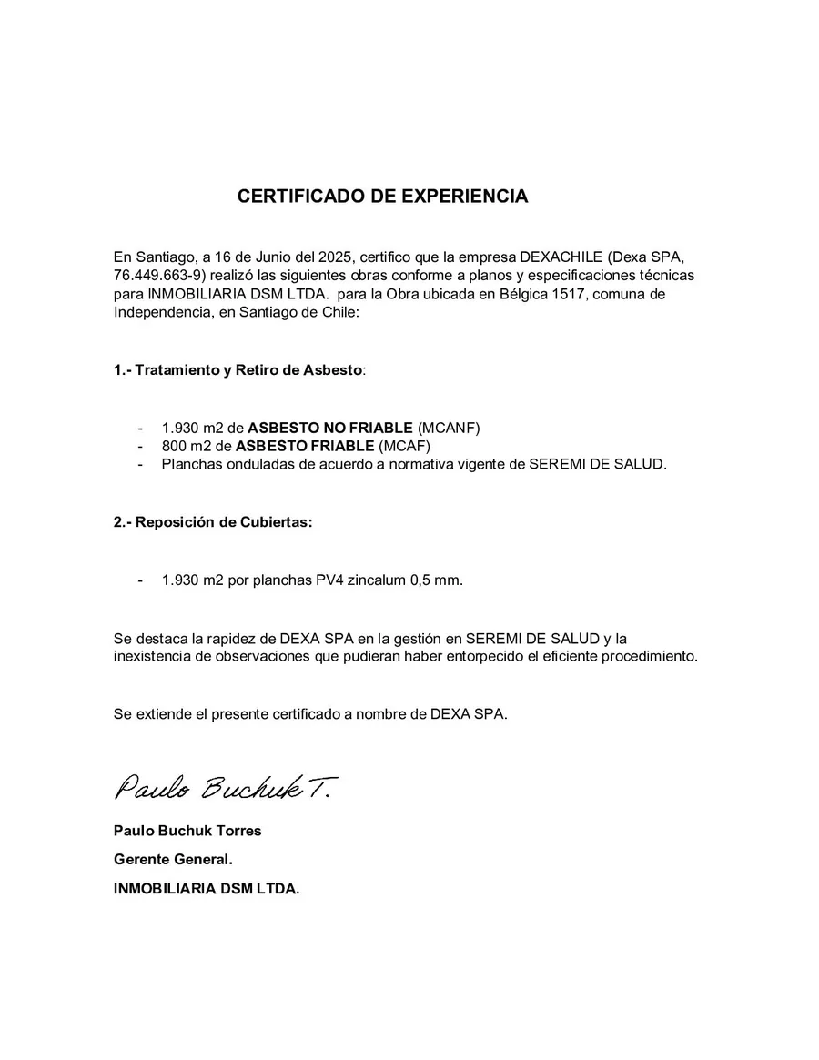 Certificado de experiencia de Inmobiliaria DSM