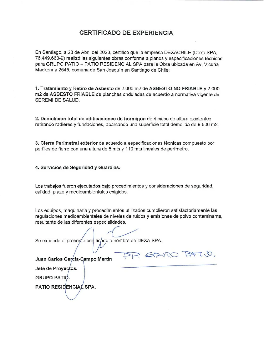 Certificado de experiencia de Grupo Patio · Patio Residencial
