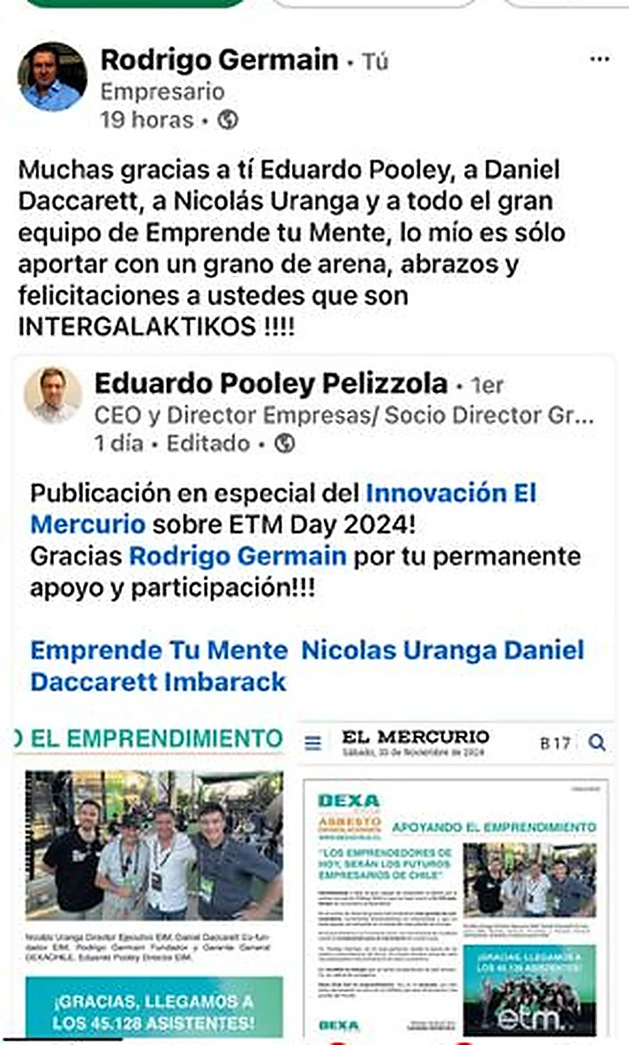 Respuesta de Rodrigo Germain en LinkedIn al equipo de Emprende Tu Mente