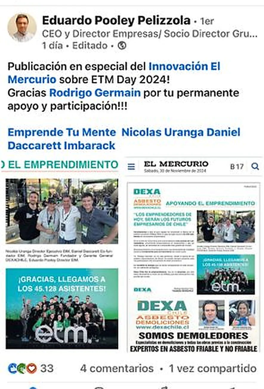Publicación de Eduardo Pooley en LinkedIn agradeciendo a Rodrigo Germain su apoyo al ETM Day 2024