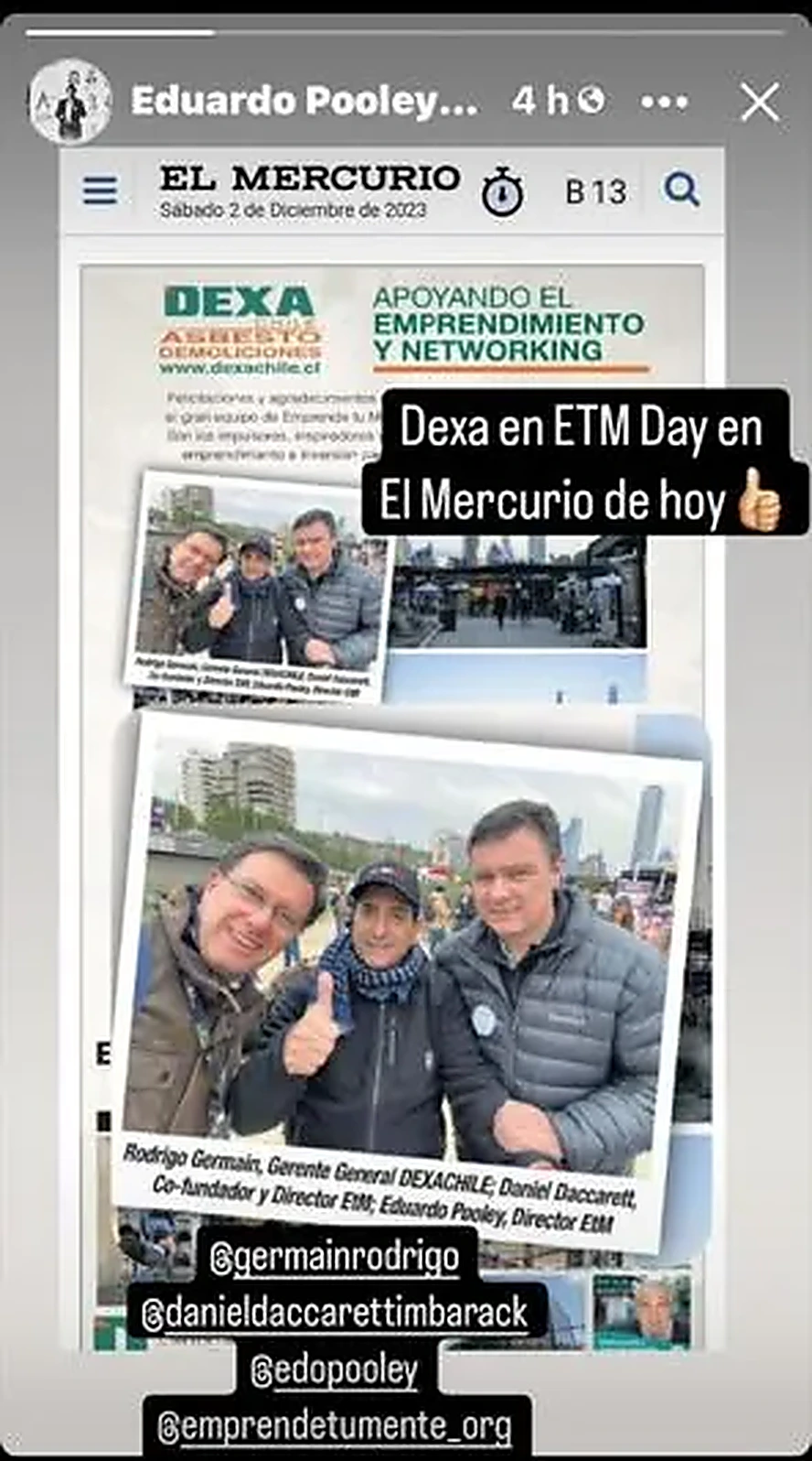 Mensaje en redes: «DEXA Chile en ETM Day, en El Mercurio de hoy»
